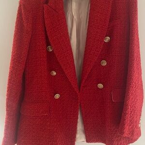 Zara Red Textured Blazer with Gold Buttons
